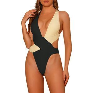 Contrast Color Deep V Neck Criss Cross Back Swimwear Black & Beige